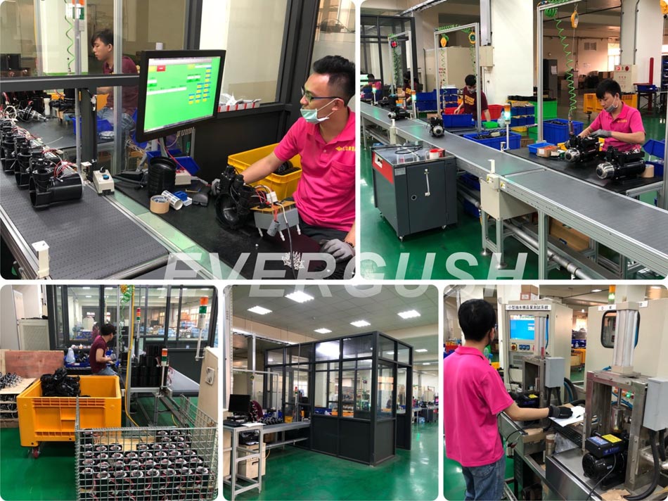 Production & Assembly Line of ET pump in EVERGUSH Headquarters,Kaohsiung Taiwan.  All ET pumps are 100% strictly inspected and tested.